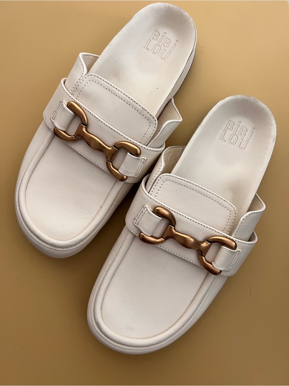BiBi LOU Zagreb clog white brass buckle loafers slip on slides sz 40